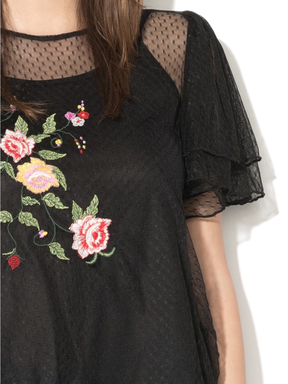 Vero Moda Black Lace Blouse with floral embroidery and puffy short sleeves